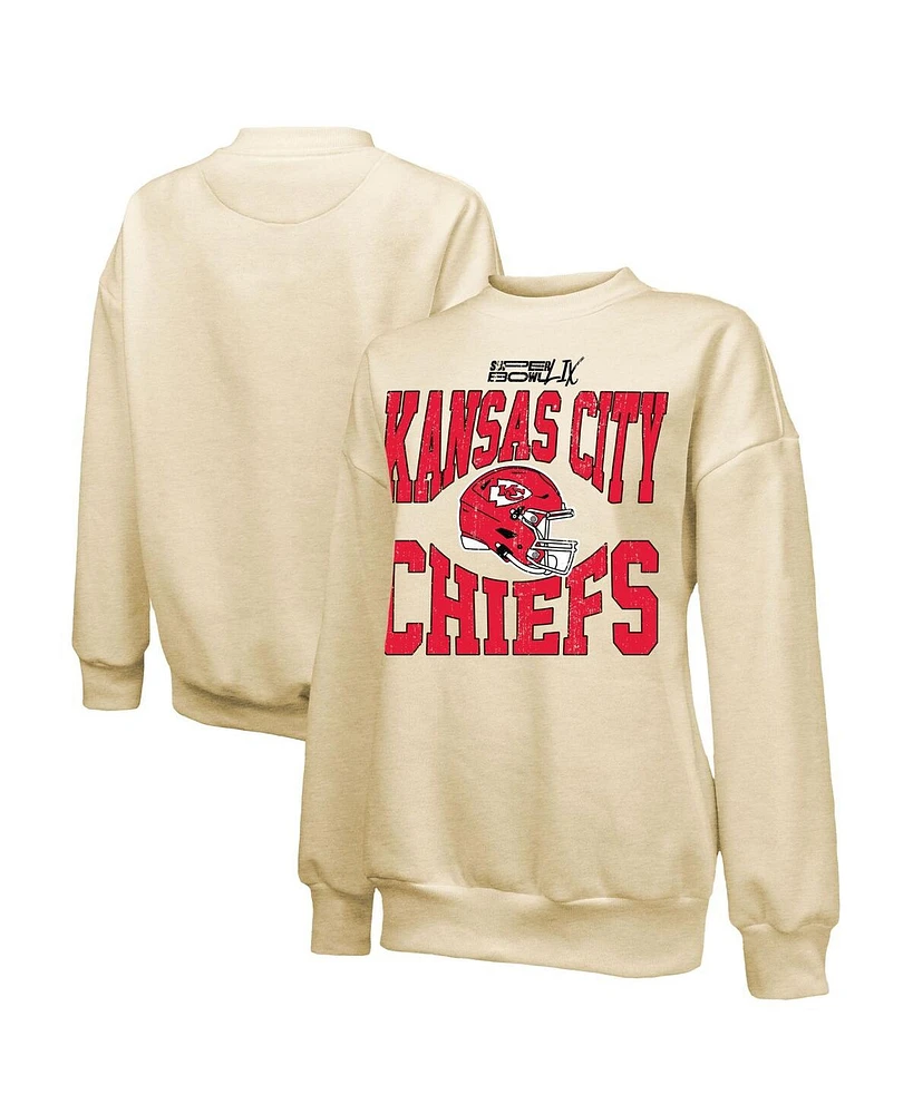 Majestic Women's Cream Kansas City Chiefs Super Bowl Lix Fadeaway Helmet Oversized Tri-Blend Pullover Sweatshirt