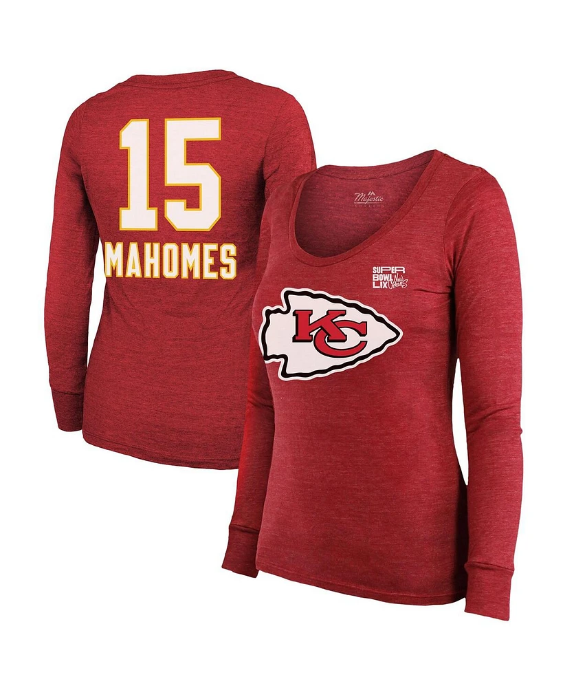 Majestic Women's Patrick Mahomes Red Kansas City Chiefs Super Bowl Lix Player Name Number Tri-Blend Long Sleeve Scoop Neck T-Shirt