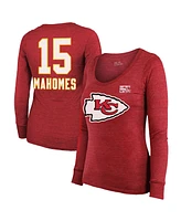 Majestic Women's Patrick Mahomes Red Kansas City Chiefs Super Bowl Lix Player Name Number Tri-Blend Long Sleeve Scoop Neck T-Shirt