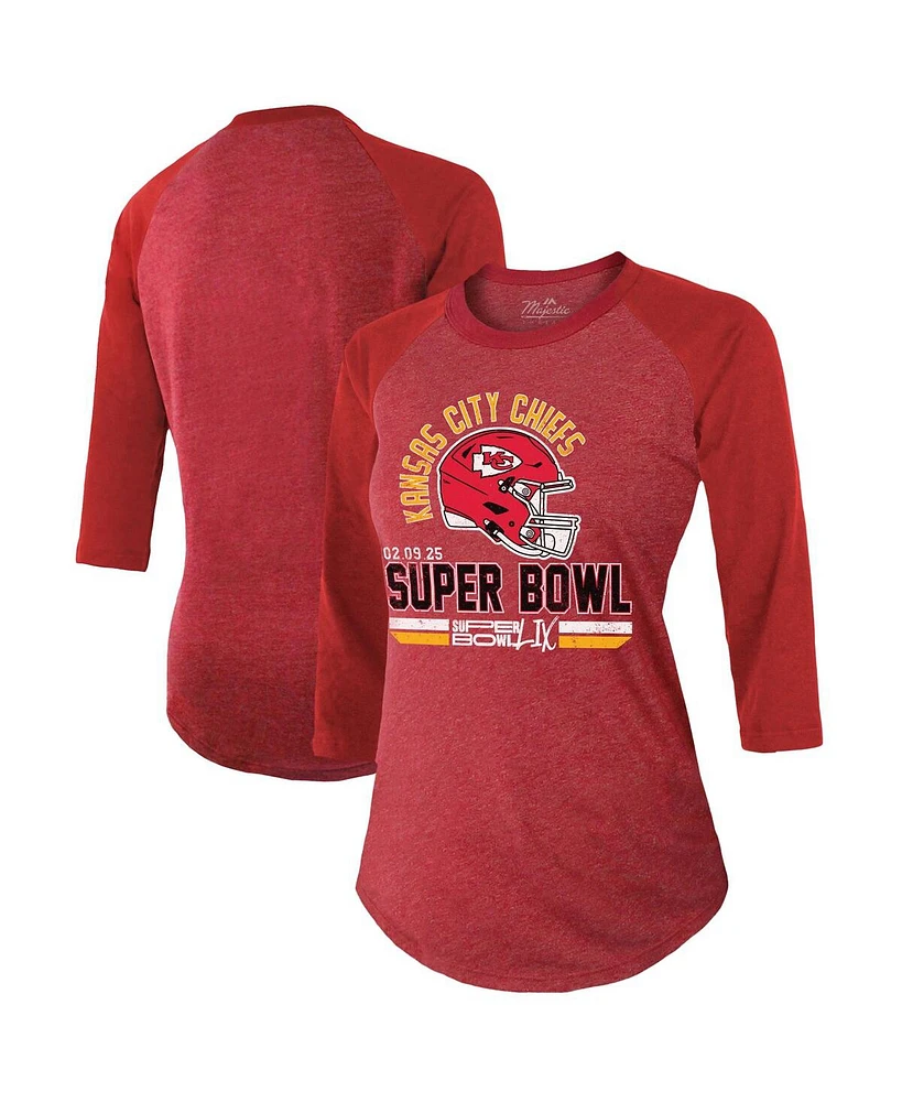 Majestic Women's Red Kansas City Chiefs Super Bowl Lix Hard Count Tri-Blend Raglan 3/4-Sleeve T-Shirt