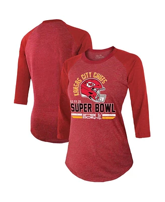 Majestic Women's Red Kansas City Chiefs Super Bowl Lix Hard Count Tri-Blend Raglan 3/4-Sleeve T-Shirt