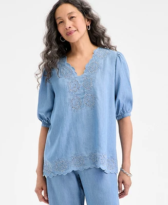 Style & Co Petite Embroidered Eyelet Scallop-Edge Top, Exclusively at Macy's