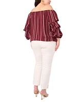 Vince Camuto Plus Striped Off The Shoulder Bubble Sleeve Tie Front Blouse