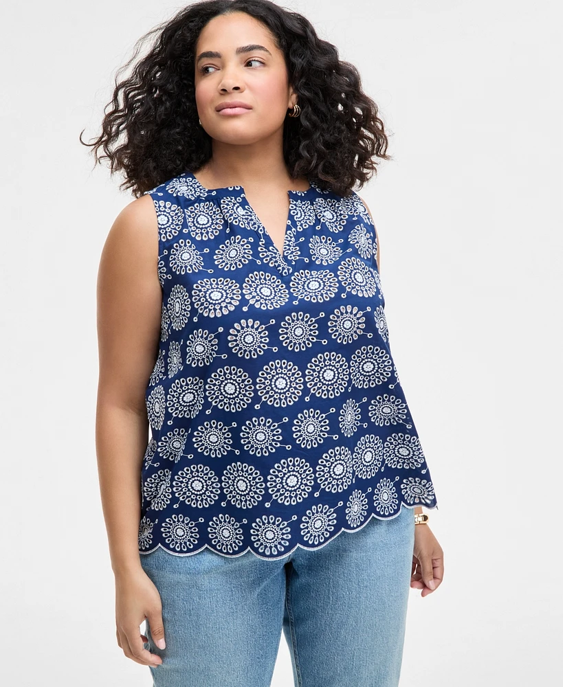 On 34th Trendy Plus Cotton Eyelet Split-Neck Tank, Exclusively at Macy's