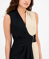 Connected Petite Colorblocked Faux-Wrap Sleeveless Dress