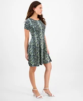 Connected Petite Printed Round-Neck Fit & Flare Dress