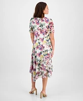 Connected Petite Printed Asymmetric Flutter-Sleeve Dress