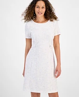 Connected Petite Boucle Side-Tab Round-Neck Sheath Dress