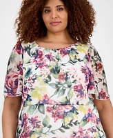 Connected Plus Printed Flutter-Sleeve Chiffon Dress