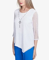 Alfred Dunner Petite Parrot Cay Popcorn Mesh Top with Necklace