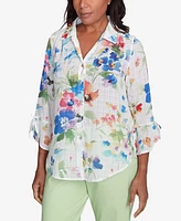 Alfred Dunner Petite Parrot Cay Abstract Watercolor Button Down Collared Neckline Top