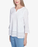 Alfred Dunner Petite Flower Power Floral Embroidered Eyelet Trim Top