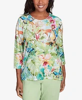 Alfred Dunner Petite Parrot Cay Tropical Toucan Crew Neck Top