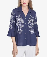 Alfred Dunner Petite Nantucket Embroidered Marine Button Front Collared Neckline Top