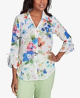 Alfred Dunner Petite Parrot Cay Abstract Watercolor Button Down Collared Neckline Top