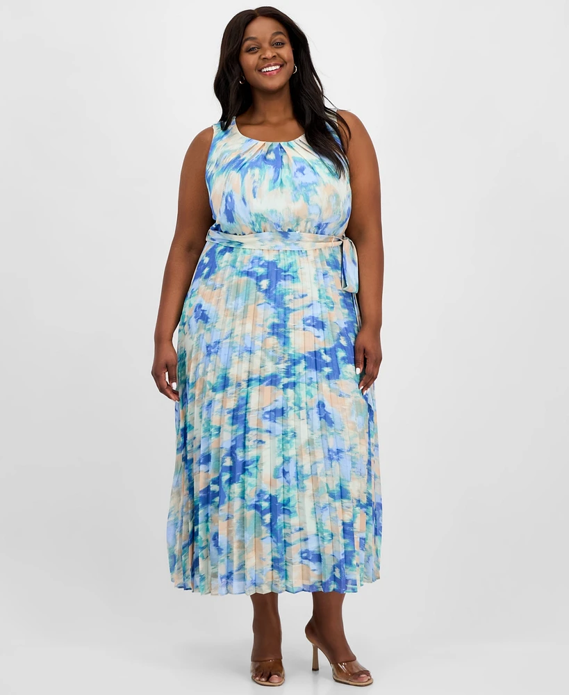 Sandra Darren Plus Printed Pleated Tie-Waist Dress