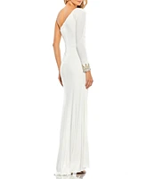 Women's One Sleeve Beaded Cuff Side Twist Gown