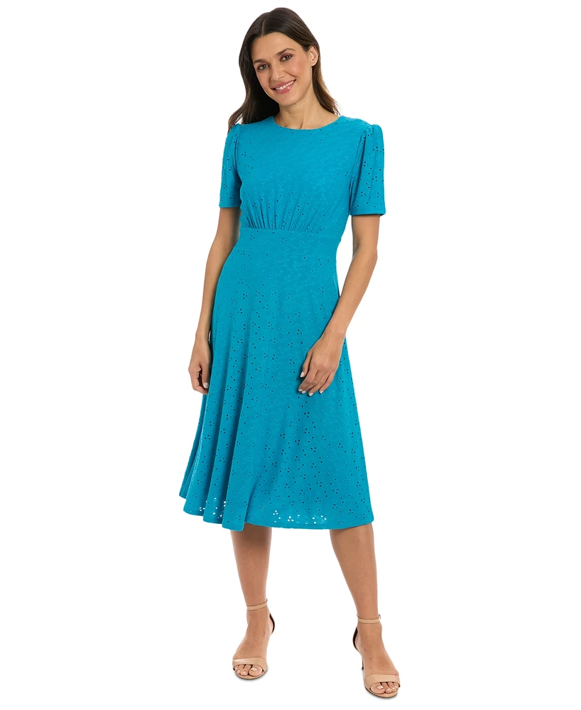 London Times Women's Round-Neck Short-Sleeve A-Line Dress