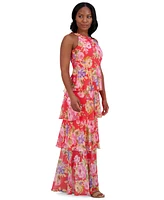 Jessica Howard Petite Floral-Print Tiered Halter Gown