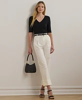 Lauren Ralph Petite Stretch Cotton Elbow-Sleeve V-Neck Tee