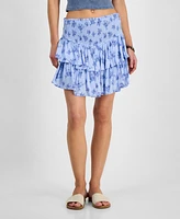 Kingston Grey Juniors' Printed Smocked-Waist Tiered Skort