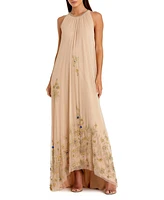 Women's High Neck Floral Embellished Trapeze Gown