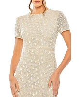 Women's High Neck Short Sleeve Embellished Dress