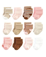 Hudson Baby Cotton Rich Baby Terry Socks 24-Pack, Pink Tan Stripe, 0-6 Months