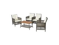 5 Pieces Patio Rattan Furniture Set Cushioned Sofa Armrest Wooden Tabletop