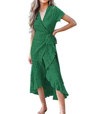 Women's Emerald Green Short Sleeve Wrap Maxi Beach Dress