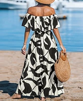 Women's Black & White Tropical Off-Shoulder Maxi Beach Dress