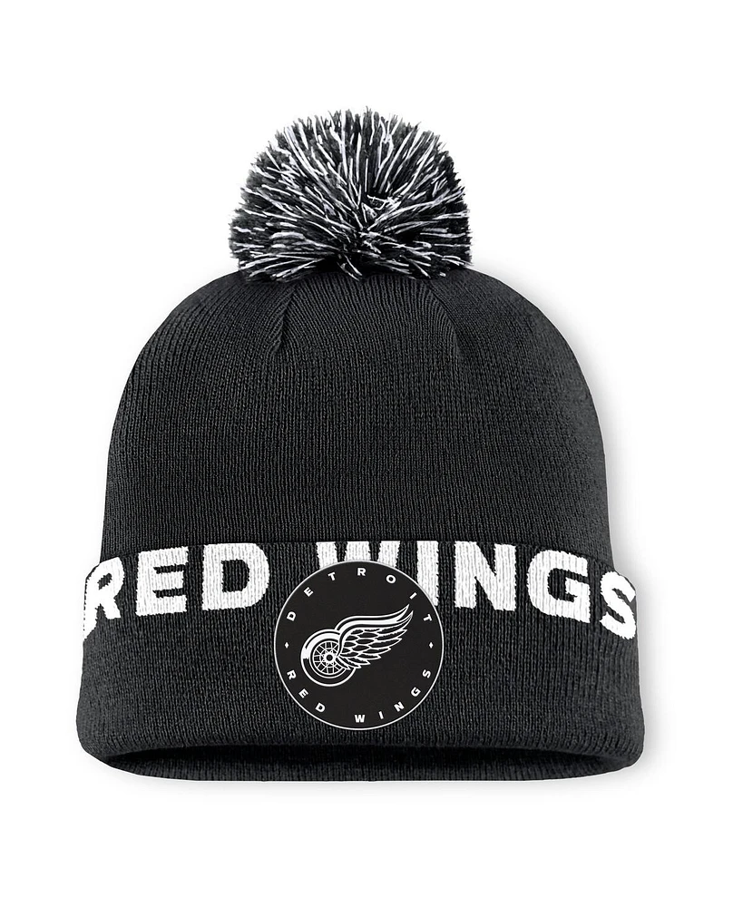 Fanatics Men's Black Detroit Red Wings Fundamental High Stick Cuffed Knit Hat with Pom