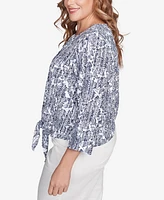 Hearts Of Palm Plus Size Making Waves Printed Tie Front Gauze Top