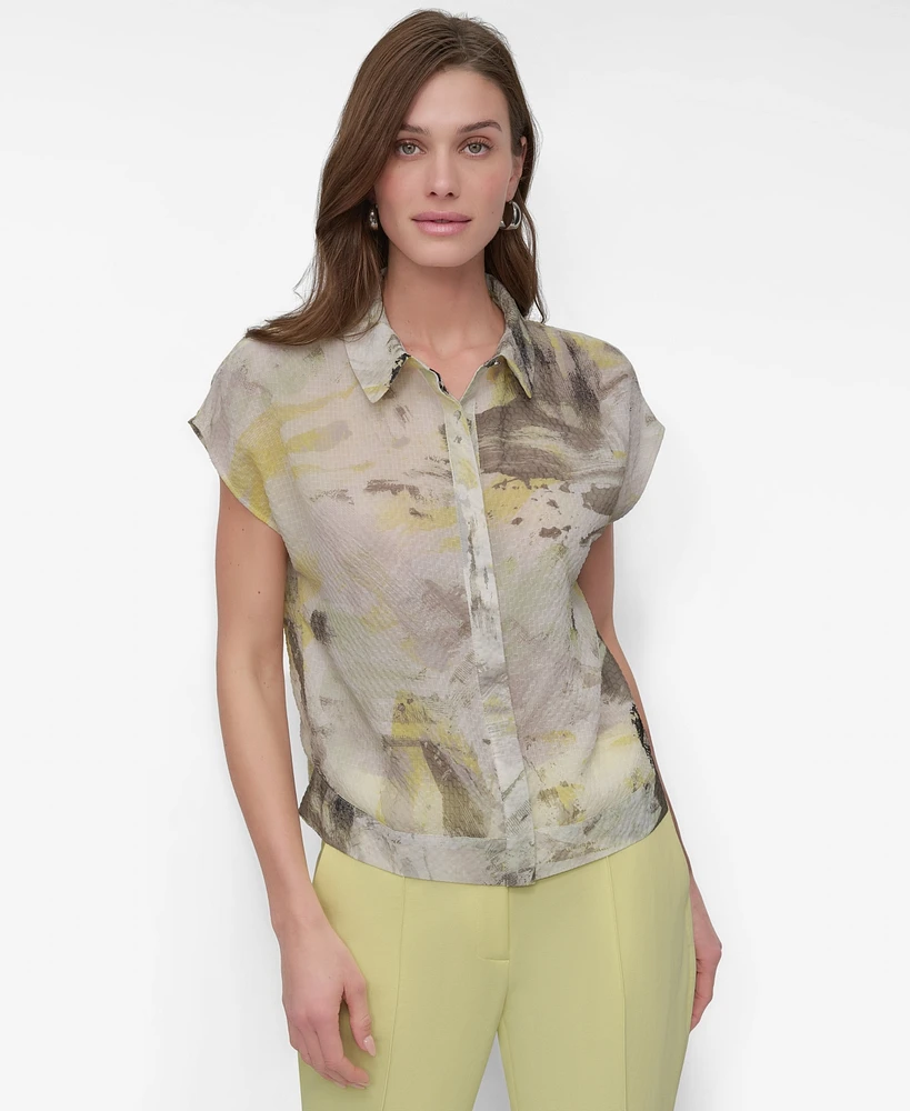 Dkny Women's Printed Button-Front Collared Camp Shirt