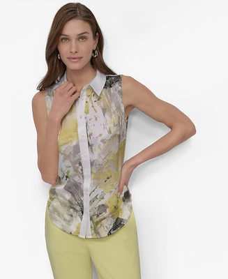 Dkny Women's Printed Sleeveless Collared Blouse