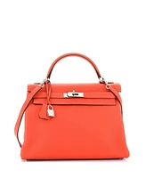 Pre-Owned HERMES Kelly Handbag Red Clemence with Palladium Hardware