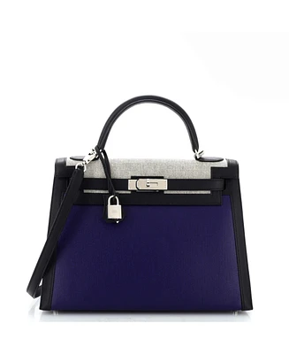 Pre-Owned HERMES Kelly 32 Handbag Blue Berline Vache Canvas with Black Swift and Toile with Palladium Hardware