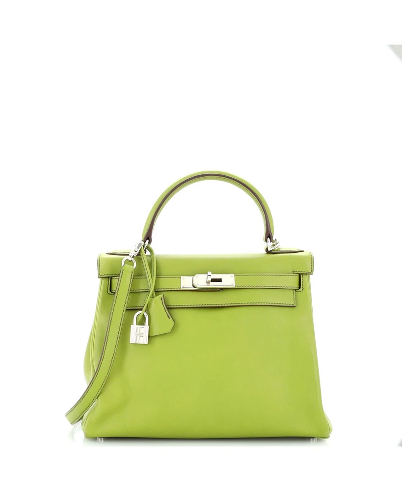 Pre-Owned HERMES Kelly 28 Handbag Green Swift with Palladium Hardware
