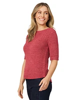 Melissa Paige Petite Elbow-Sleeve Ribbed-Yoke Tape Yarn Sweater