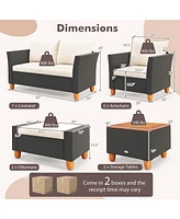 Gymax 7 Pcs Patio Furniture Set w/ Loveseat Armchairs Ottomans & Storage Table