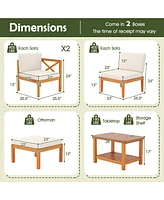 Gymax 5 Pcs Acacia Wood Patio Furniture Set w/ 2-Tier Coffee Table and Cushions