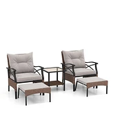 Gymax 5PCS Wicker Patio Furniture Set Rattan Chairs w/ 2-Tier Tempered Glass Side Table