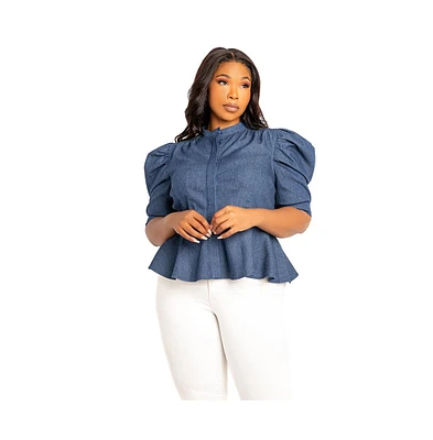 Buxom Couture Women's Plus Ruched Sleeve Denim Peplum Blouse