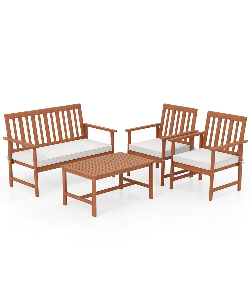 4 Pieces Acacia Wood Furniture Set with Seat Cushions and Robust Wood Frame-White