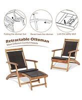 4PCS Patio Rattan Folding Lounge Chair Table Acacia Wood withRetractable Footrest
