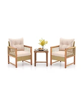 3 Pieces Patio Furniture Set with Acacia Wood Frame Cushions