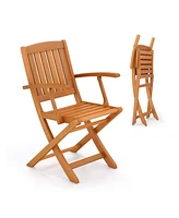 Patio Wood Folding Chair Set of 2 with Armrests and Slatted Seat