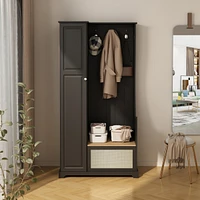 Modern Coat Rack and Bench Storage Cabinet Hall Tree Entryway Cabinet with Flip Board Bench Closet Storage Organizers, Black