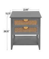 2 Drawer Nightstand Bedside Table with Rattan Drawers Side Table End Table with Storage Small Nightstand with Open Shelf for Bedroom, Blue