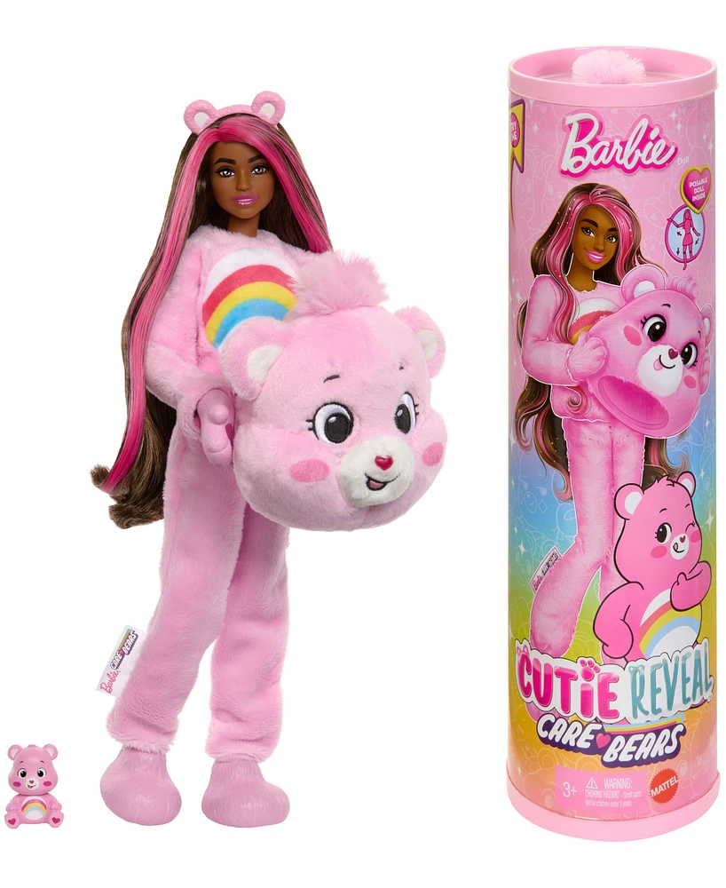 Barbie Cutie Reveal Care Bears Series Doll & Accessories in Cheer Bear Plush Costume, 10 Surprises